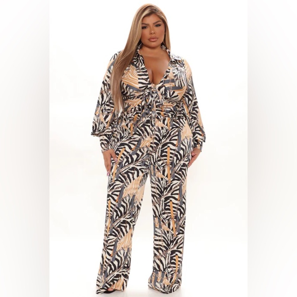 Fashionably Late Printed Satin Jumpsuit - Taupe/combo plus size